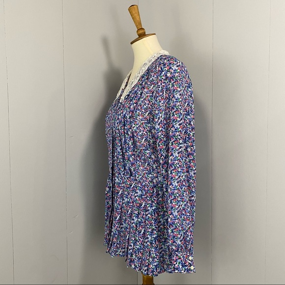 Vintage 80’s Blue Multi-Print Pleated Peplum Button-Up Blouse with Lace Collar - Picture 2 of 13